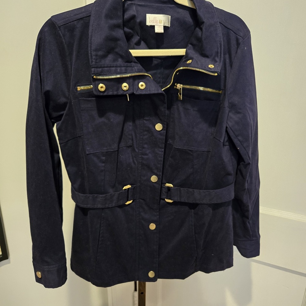 Belle By Kim Gravel Suede Feel Short Faux Belt Navy Jacket Street‎ Wear City  8